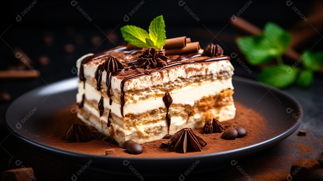 Bolo Tiramisu com fundo escuro