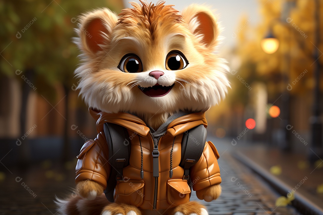 Um pequeno leão segurando uma câmera