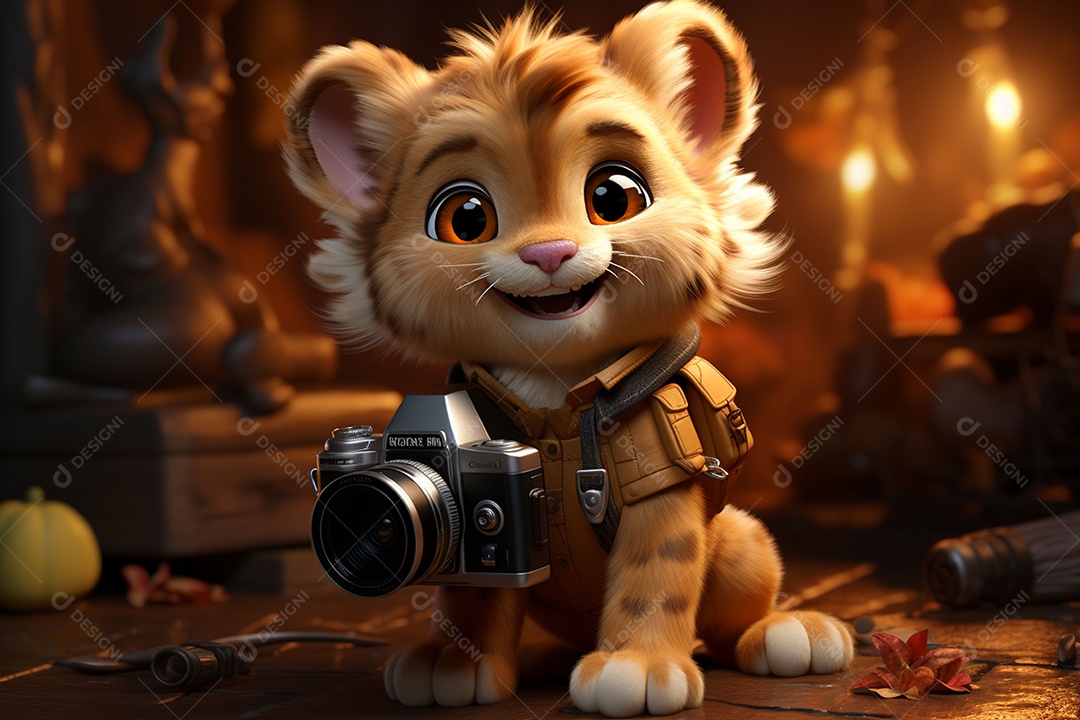 Um pequeno leão segurando uma câmera