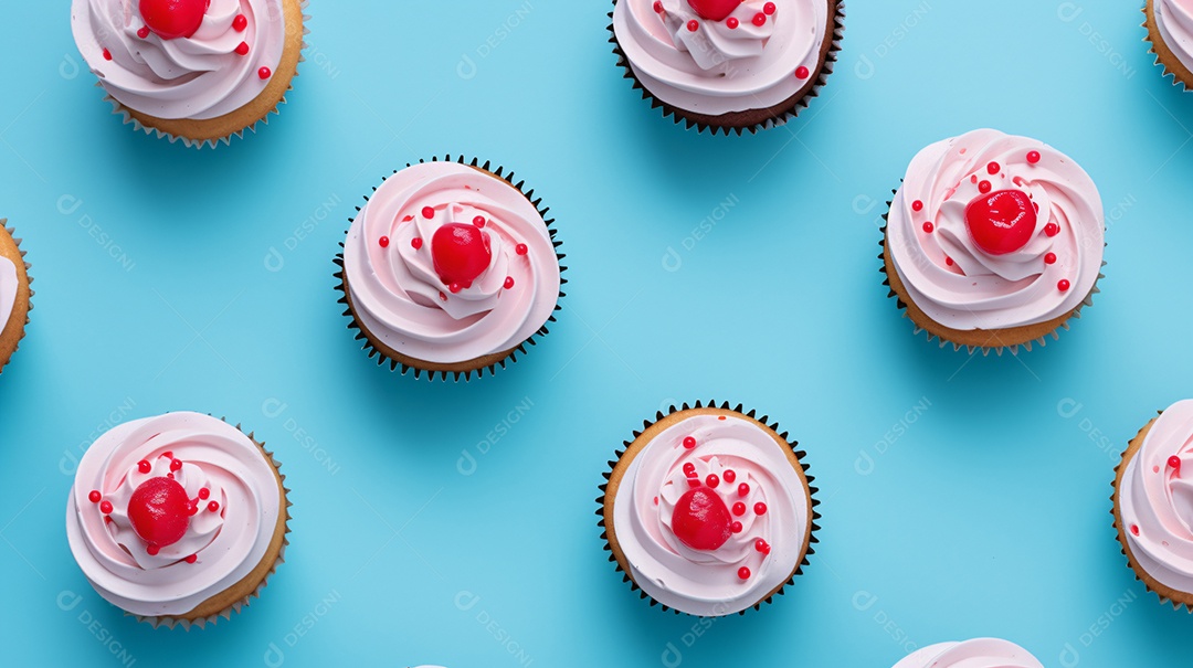 Vista superior de cupcakes com cobertura azul e rosa em um azul