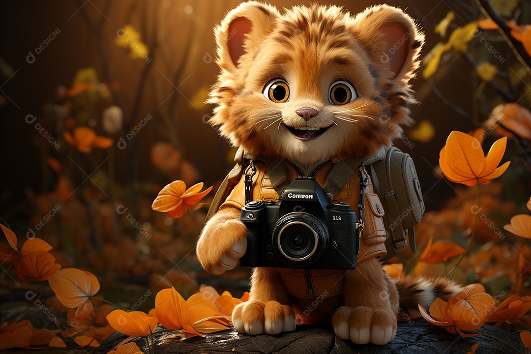 Um pequeno leão segurando uma câmera