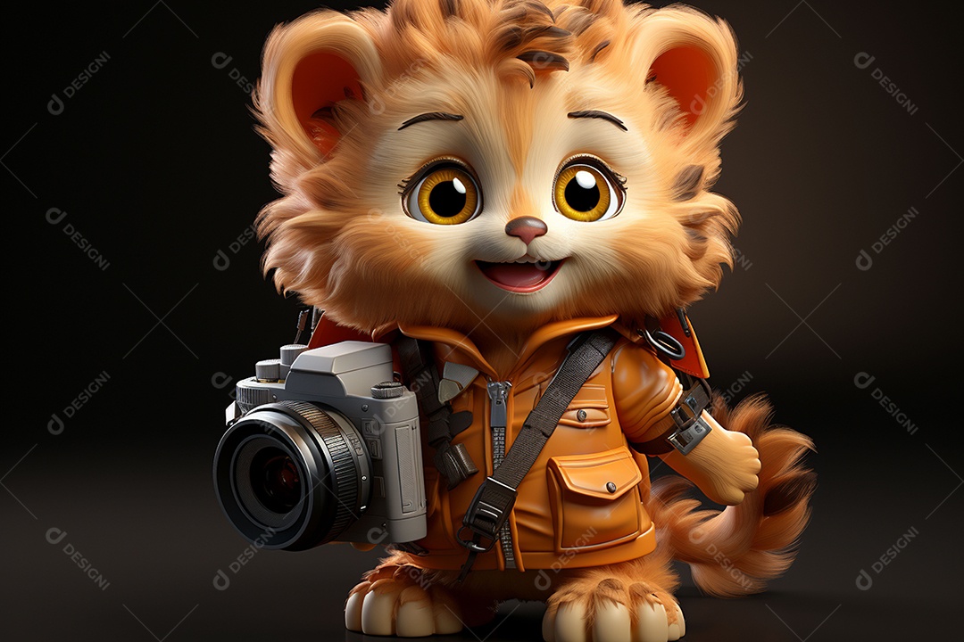 Um pequeno leão segurando uma câmera