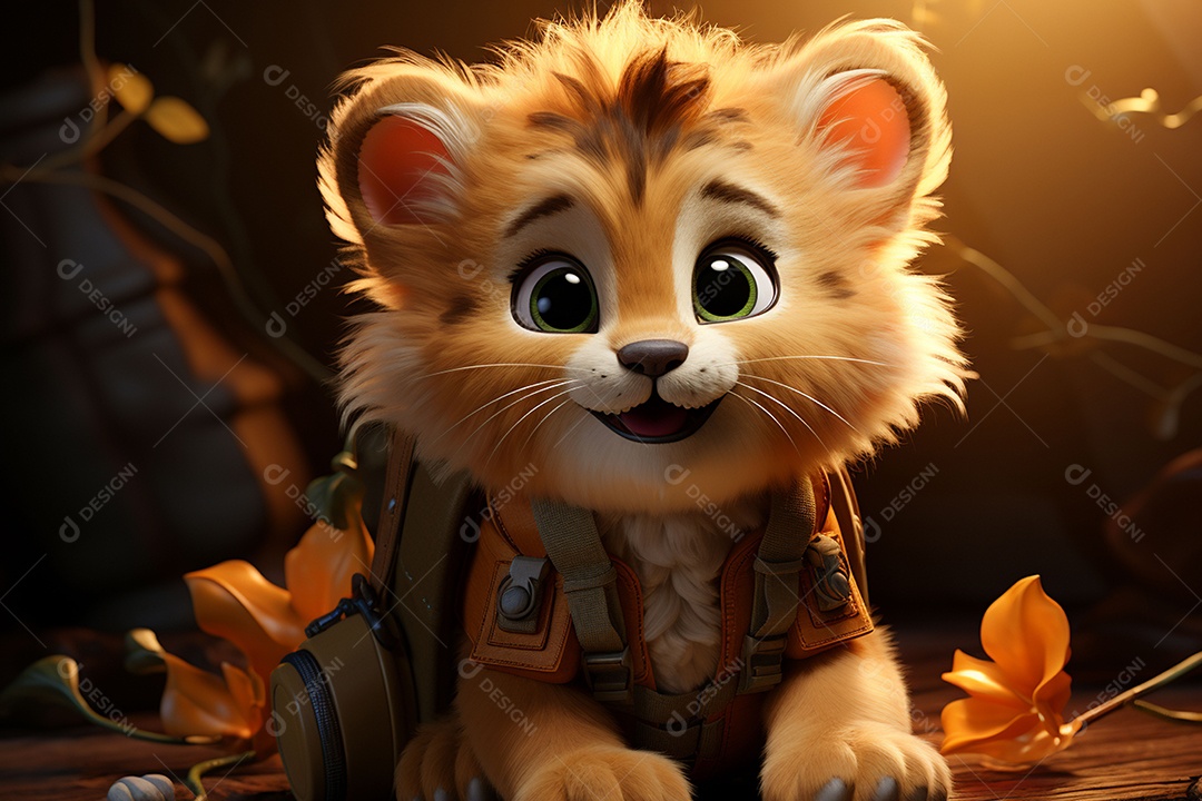 Um pequeno leão segurando uma câmera