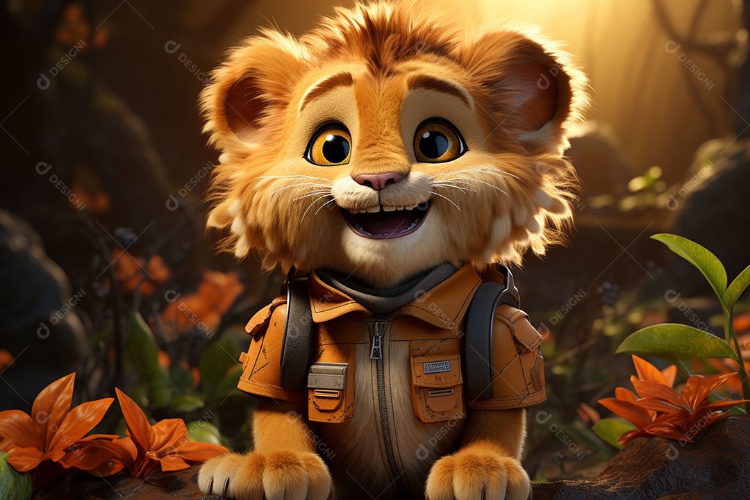 Um pequeno leão segurando uma câmera