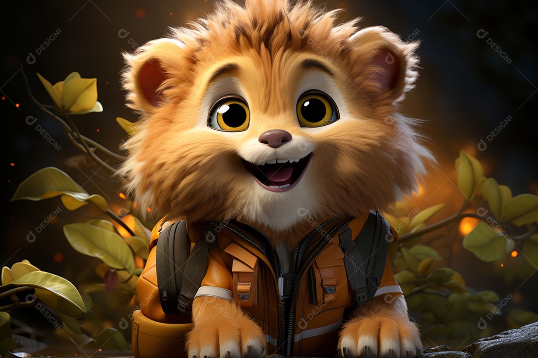 Um pequeno leão segurando uma câmera