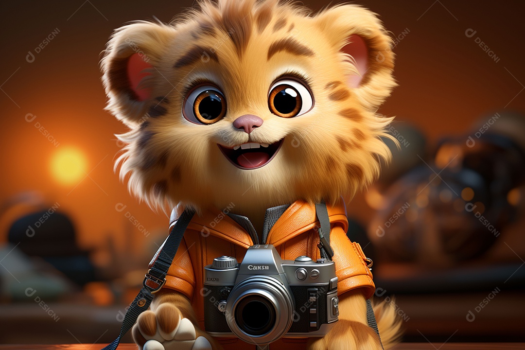 Um pequeno leão segurando uma câmera