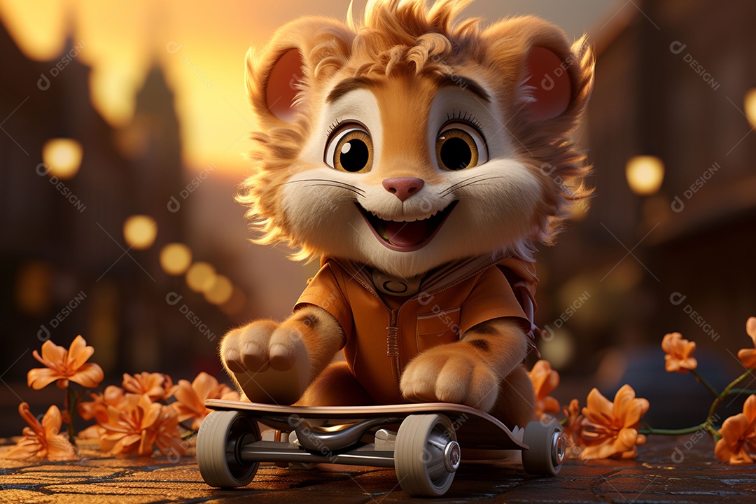 Um leão fofo andando de skate com um fundo lindo