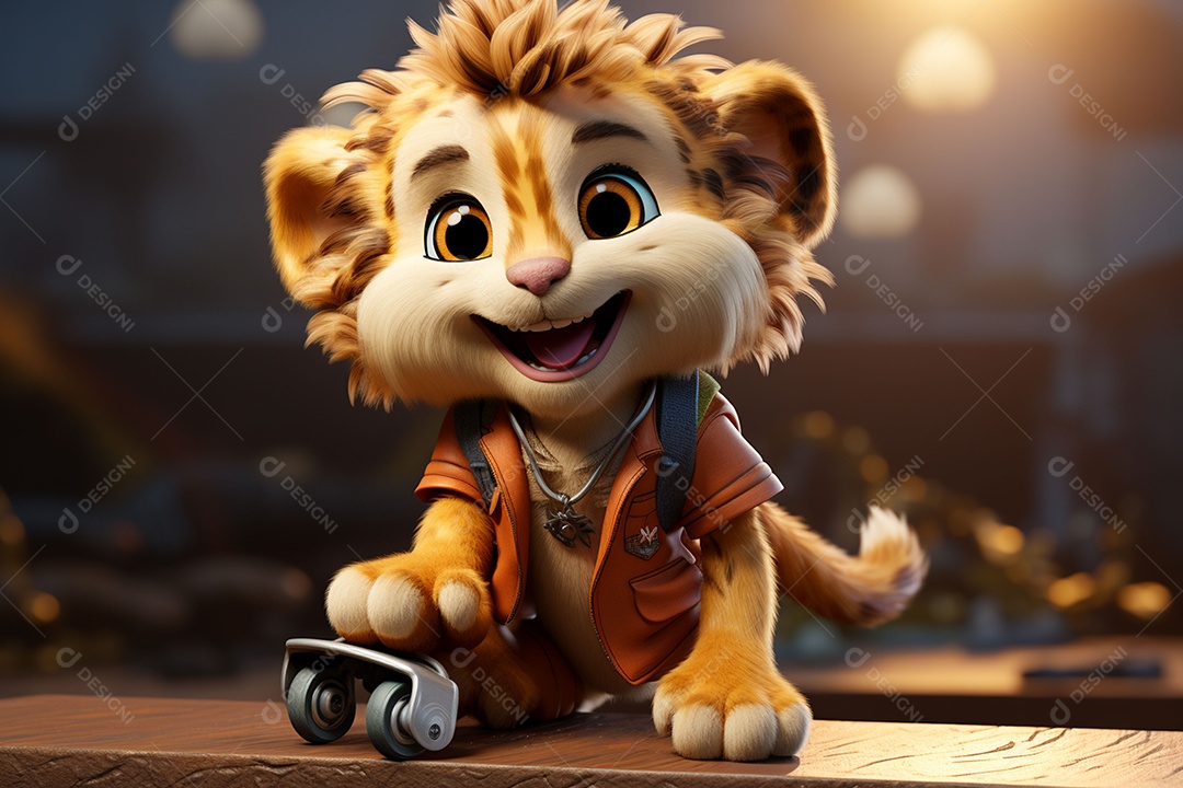Um leão fofo andando de skate com um fundo lindo