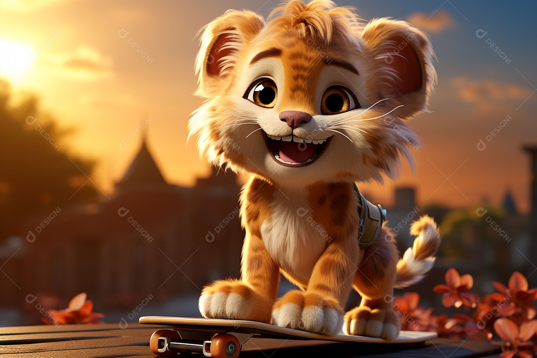 Um leão fofo andando de skate com um fundo lindo