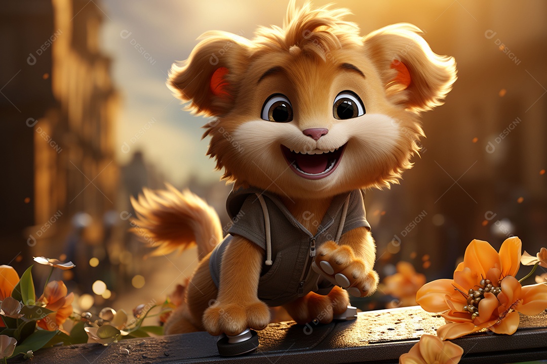 Um leão fofo andando de skate com um fundo lindo