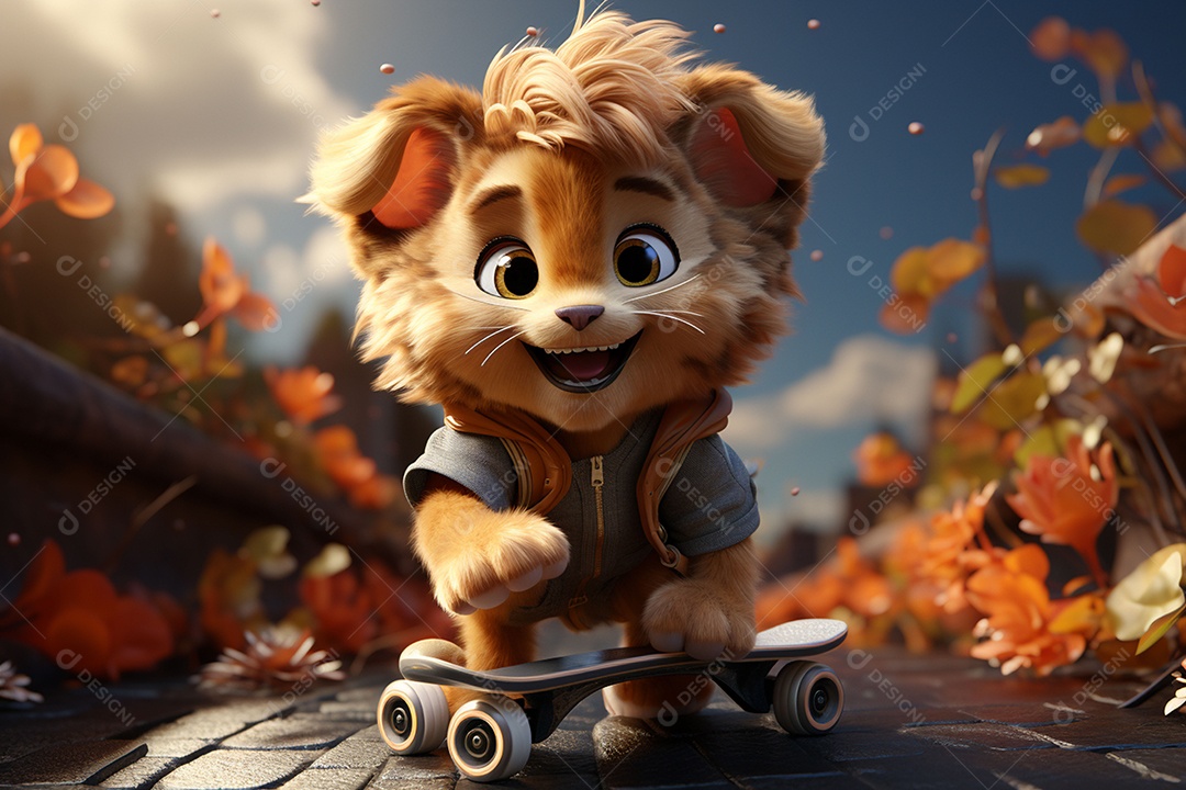 Um leão fofo andando de skate com um fundo lindo