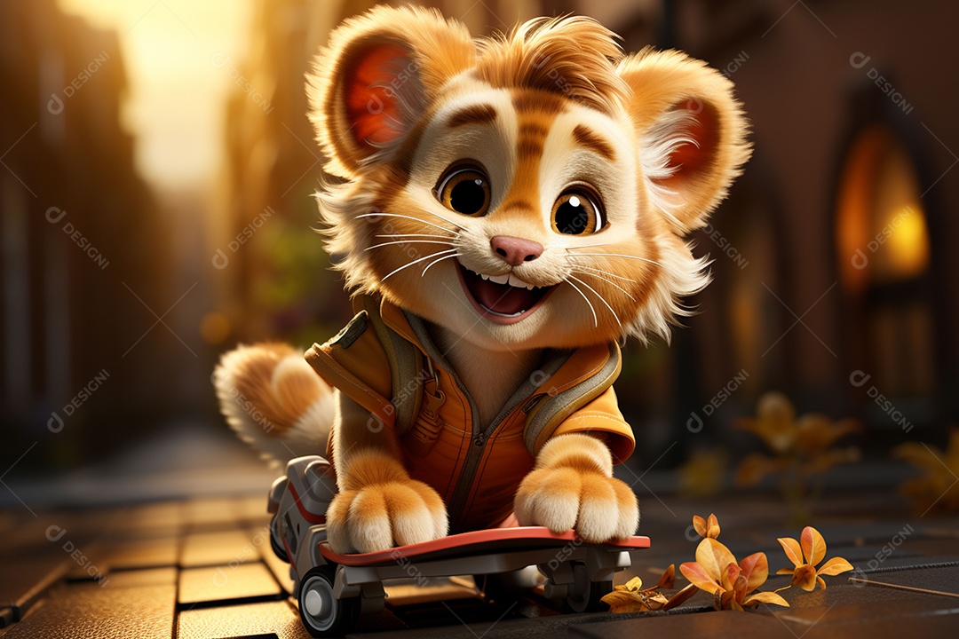 Um leão fofo andando de skate com um fundo lindo