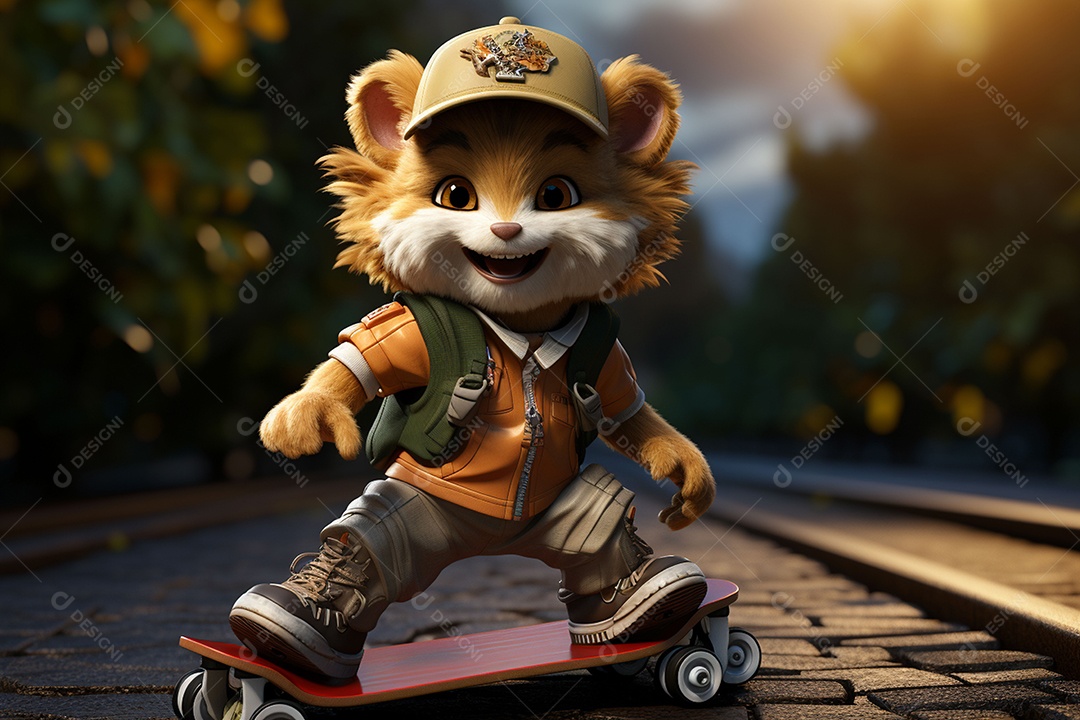 Um leão fofo andando de skate com um fundo lindo