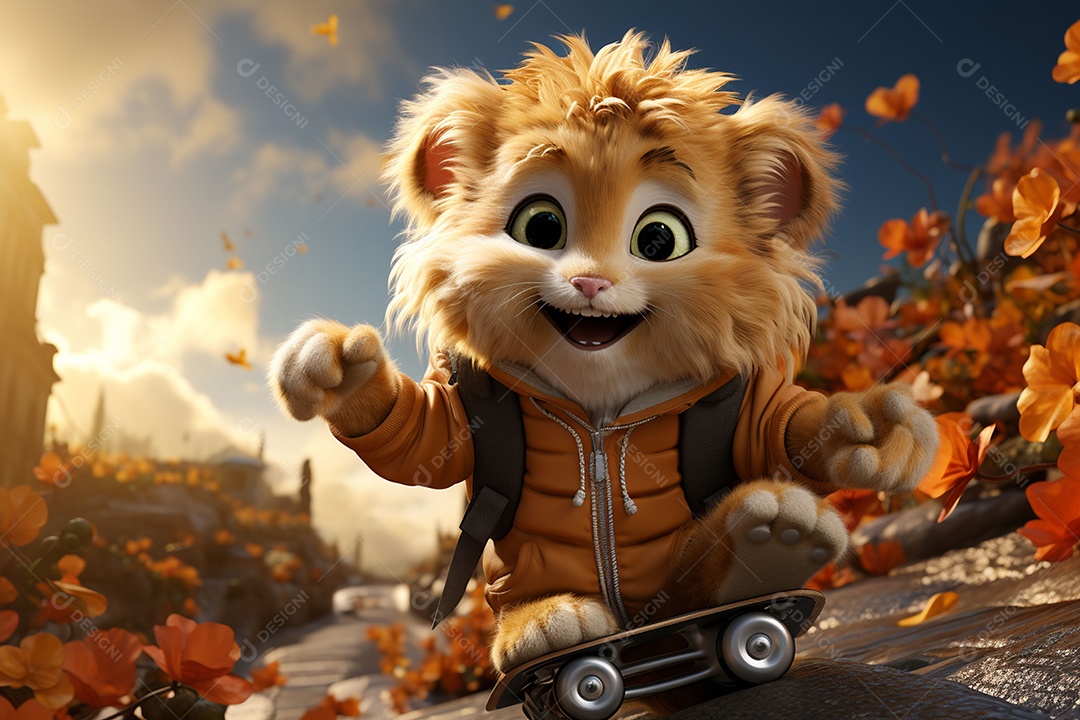 Um leão fofo andando de skate com um fundo lindo
