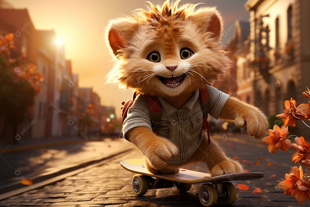 Um leão fofo andando de skate com um fundo lindo