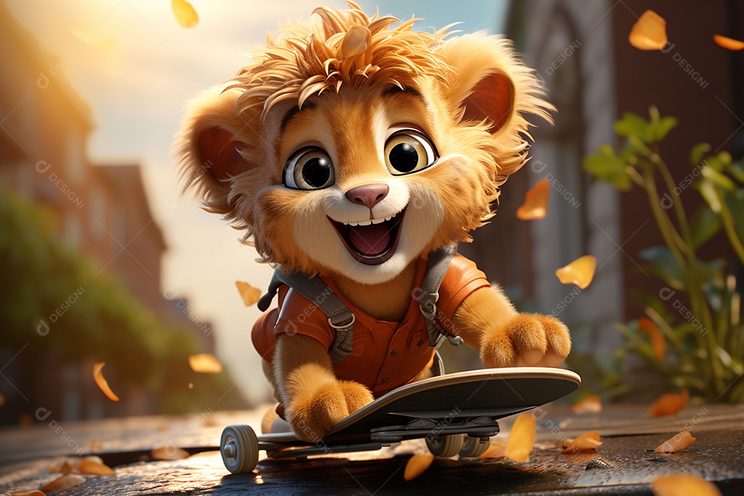 Um leão fofo andando de skate com um fundo lindo