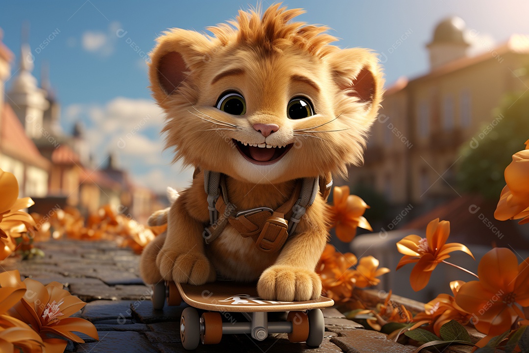 Um leão fofo andando de skate com um fundo lindo