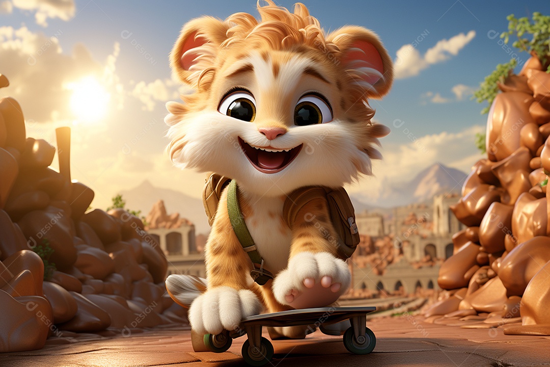 Um leão fofo andando de skate com um fundo lindo