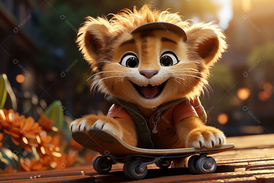 Um leão fofo andando de skate com um fundo lindo