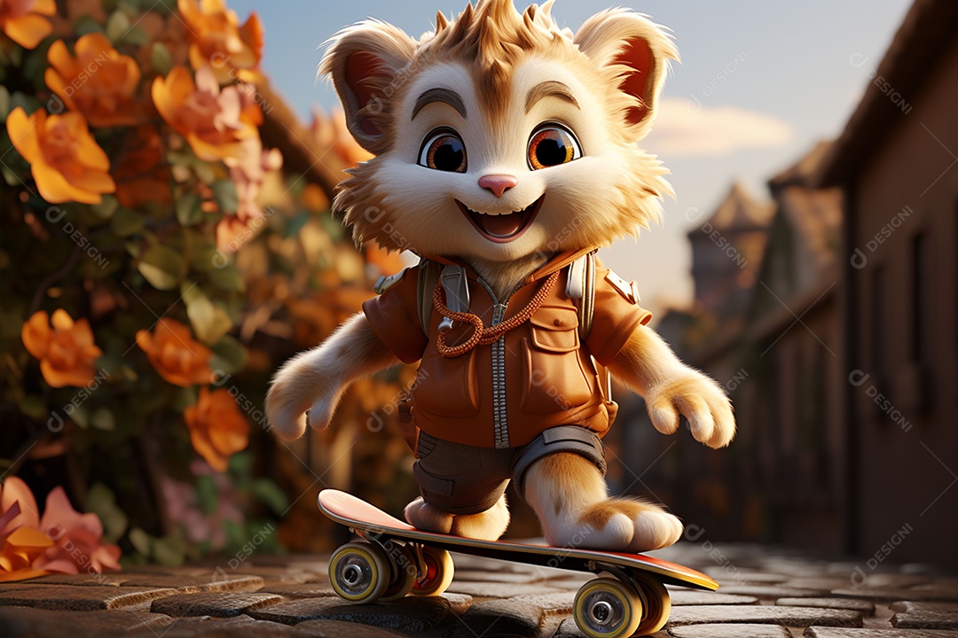 Um leão fofo andando de skate com um fundo lindo
