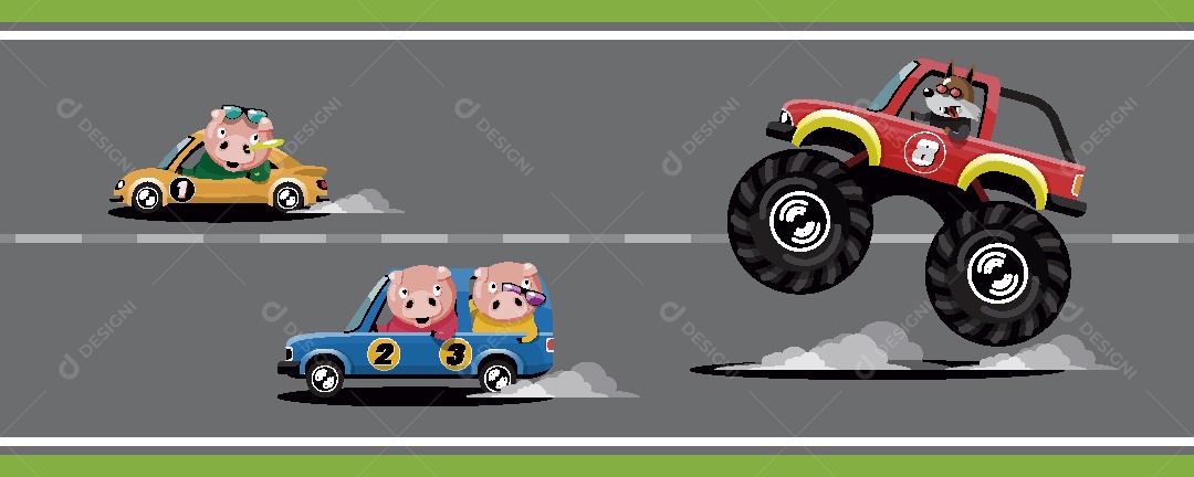 Animais em Carros de Corrida Ilustrações Vetor EPS
