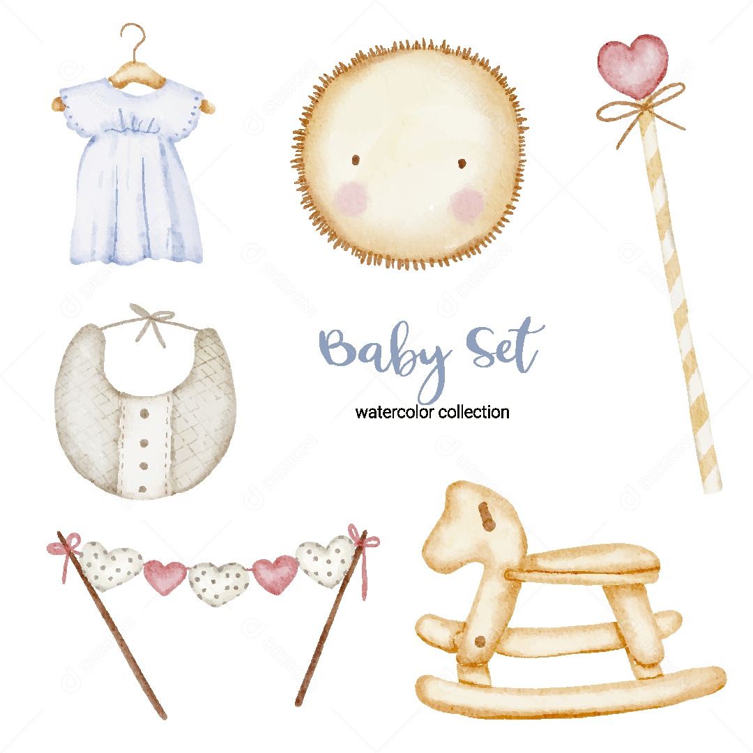 Conjunto de Bebê em Aquarela Ilustração Vetor EPS