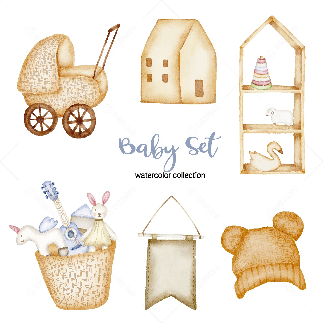 Conjunto de Bebê em Aquarela Ilustração Vetor EPS