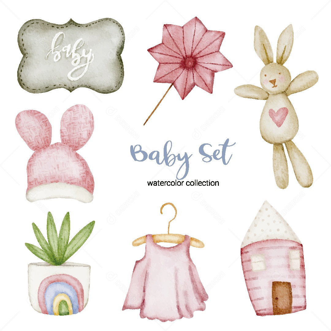 Conjunto de Bebê em Aquarela Ilustração Vetor EPS