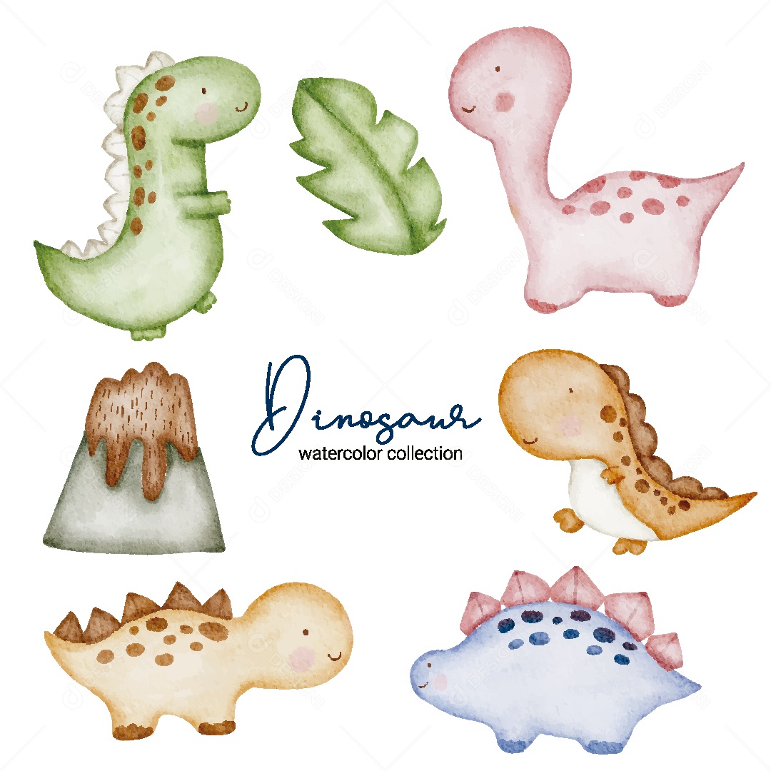 Conjunto de Dinossauro em Aquarela Ilustração Vetor EPS
