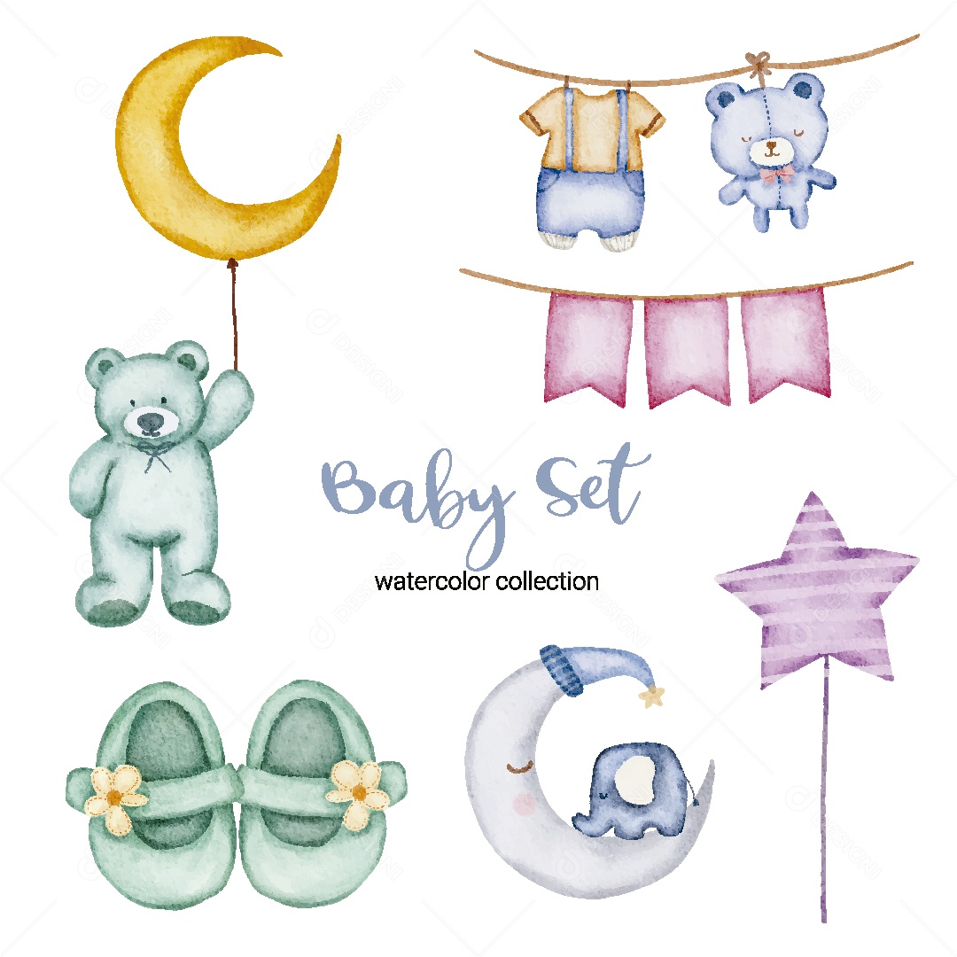 Conjunto de Bebê em Aquarela Ilustração Vetor EPS