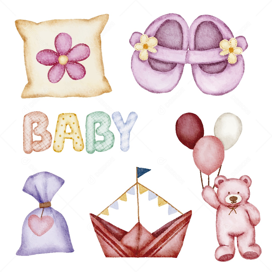 Conjunto de Bebê em Aquarela Ilustração Vetor EPS