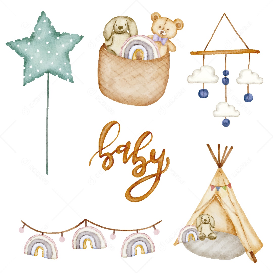 Conjunto de Bebê em Aquarela Ilustração Vetor EPS