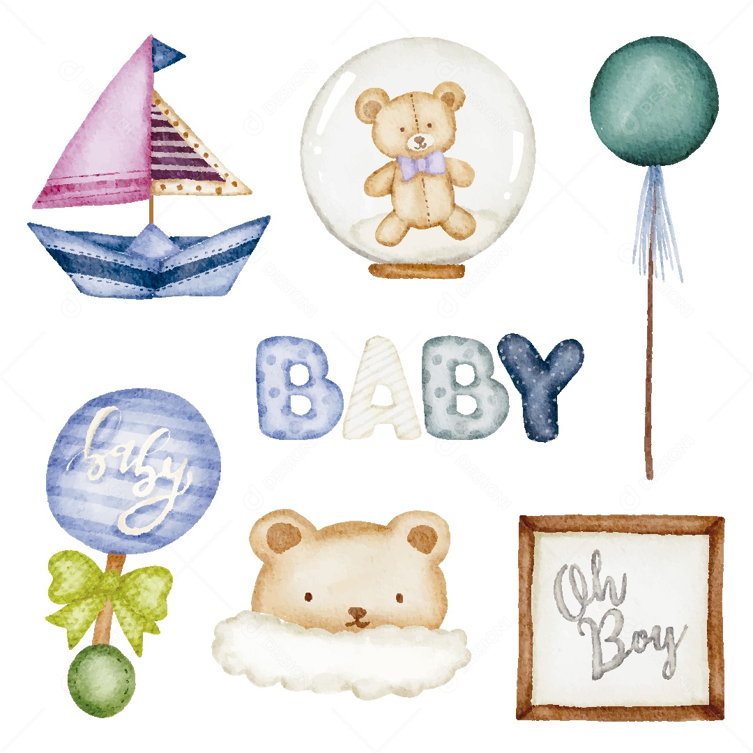 Conjunto de Bebê em Aquarela Ilustração Vetor EPS