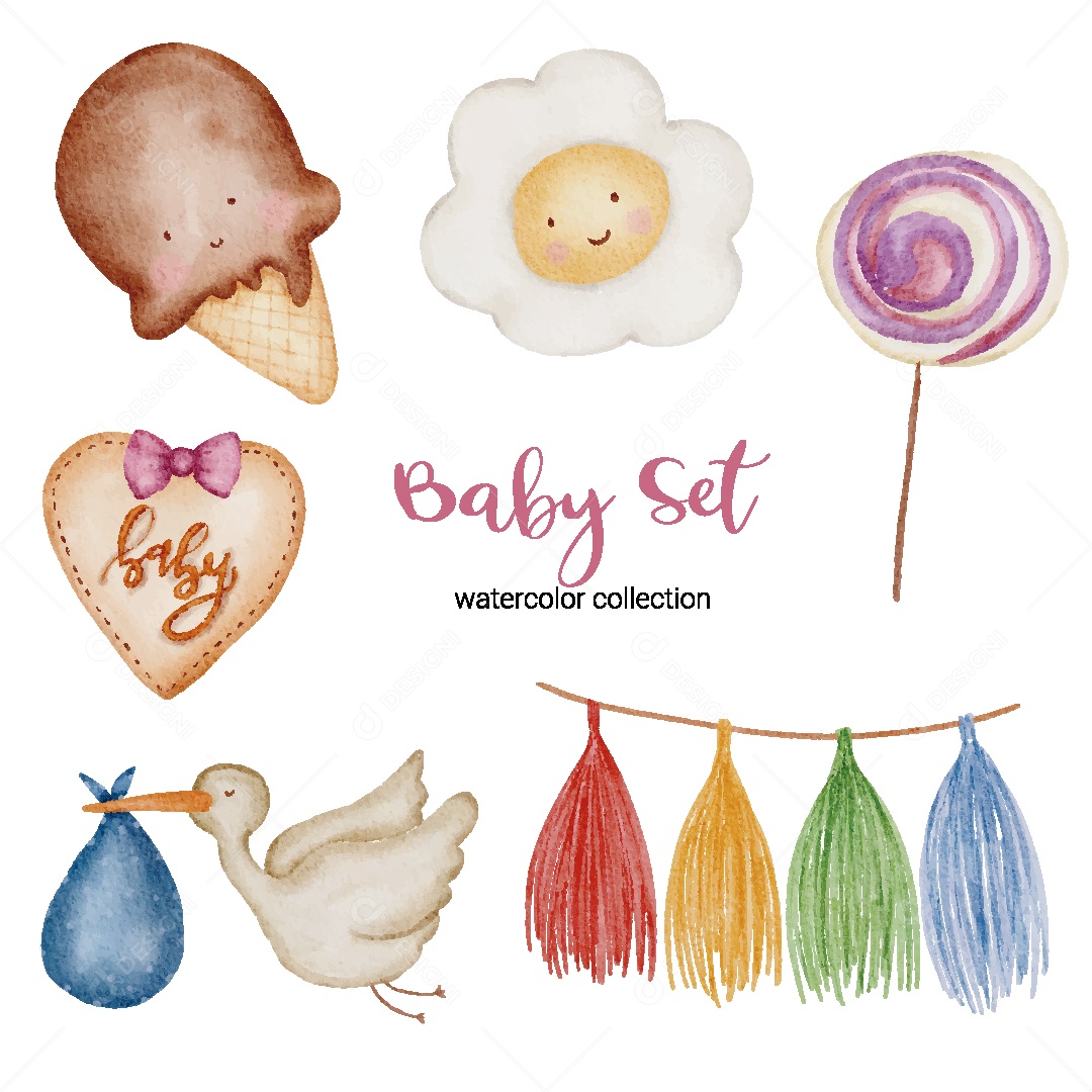 Conjunto de Bebê em Aquarela Ilustração Vetor EPS