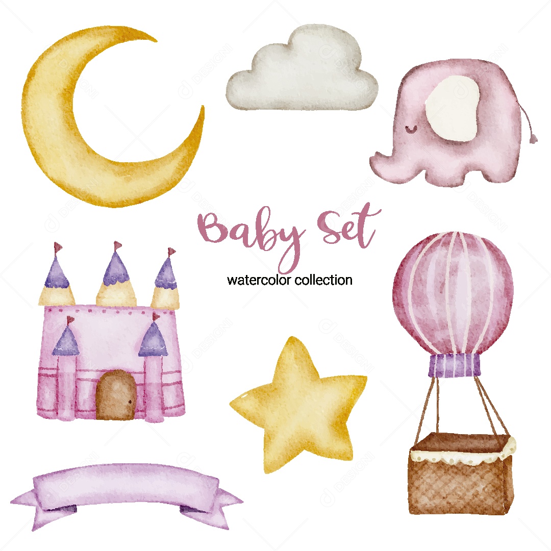 Conjunto de Bebê em Aquarela Ilustração Vetor EPS