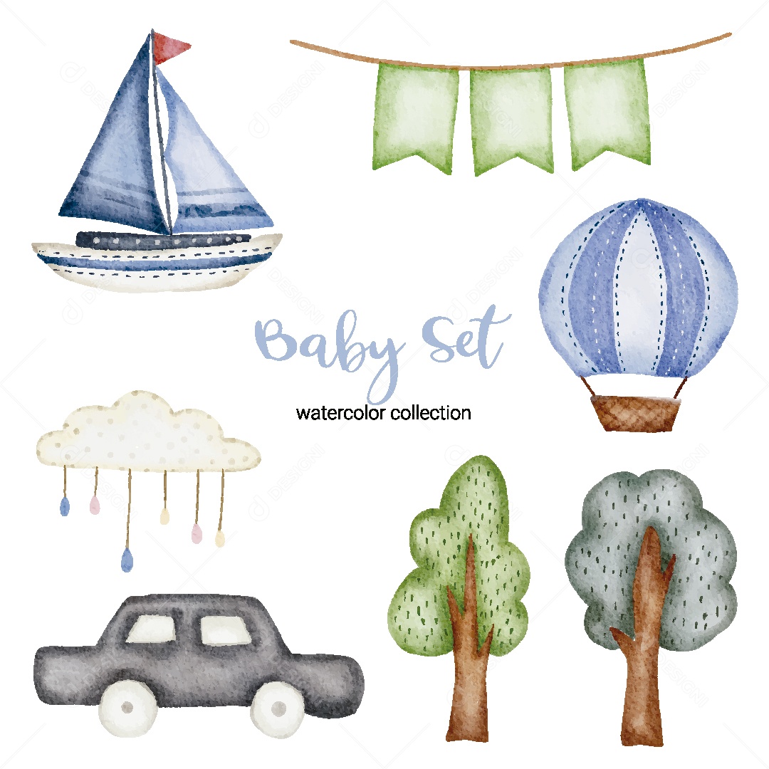 Conjunto de Bebê em Aquarela Ilustração Vetor EPS