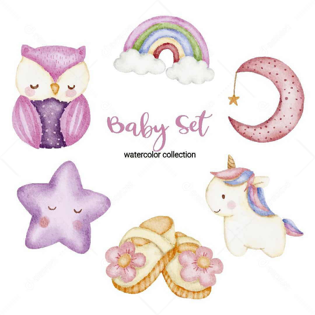 Conjunto de Bebê em Aquarela Ilustração Vetor EPS