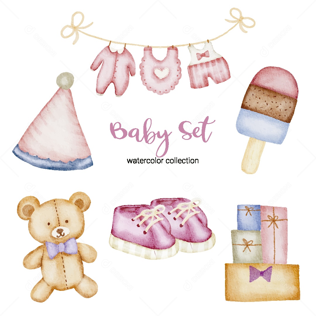 Conjunto de Bebê em Aquarela Ilustração Vetor EPS