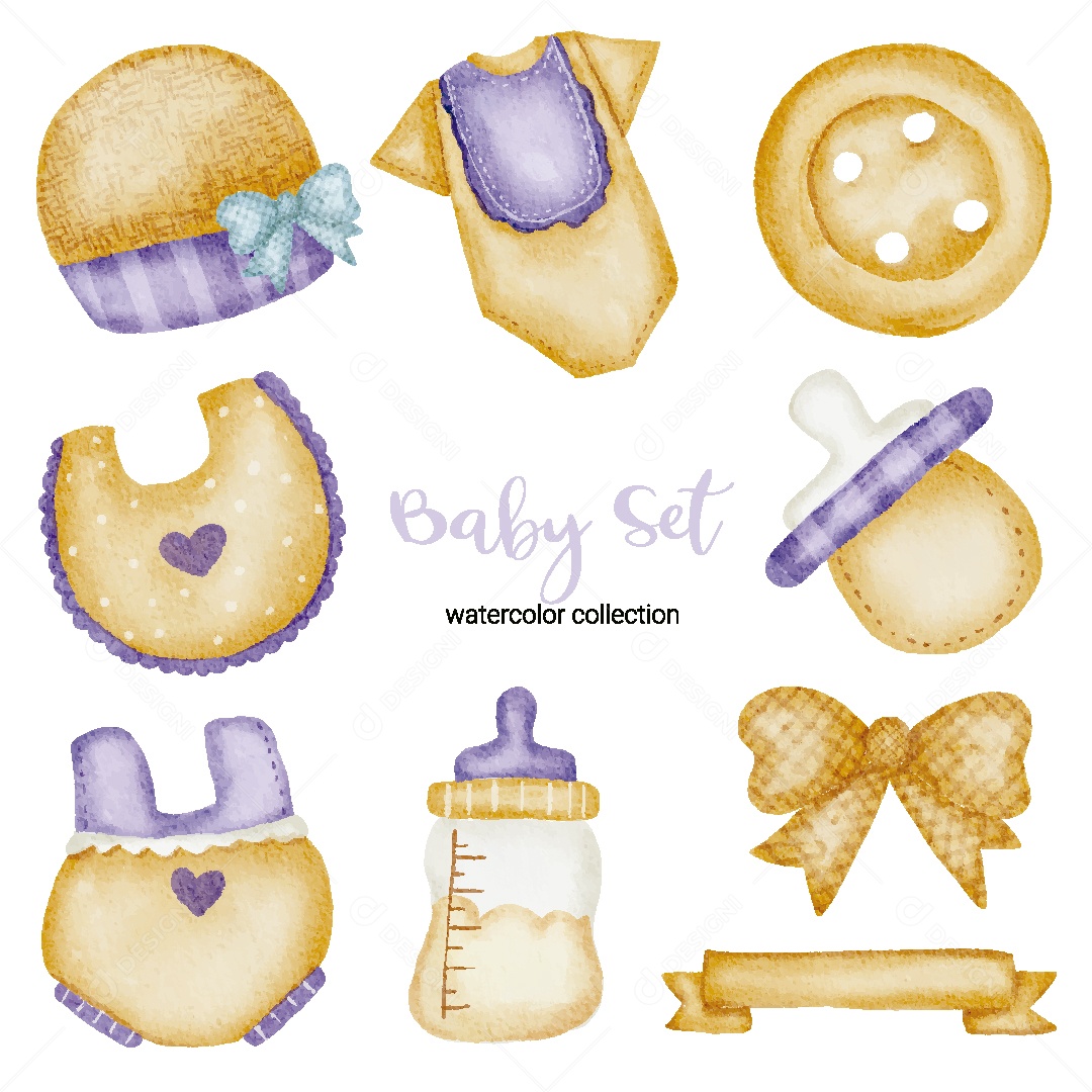 Conjunto de Bebê em Aquarela Ilustração Vetor EPS