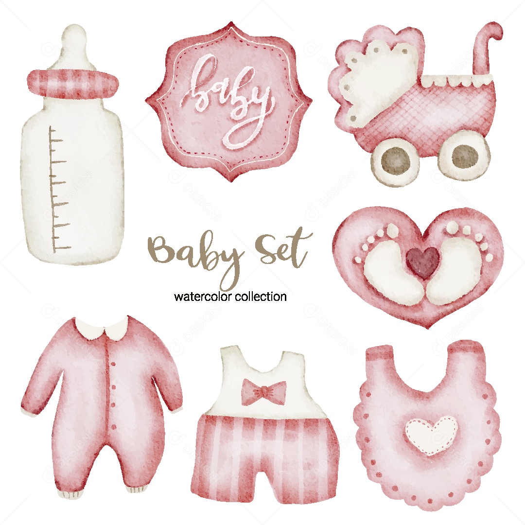 Conjunto de Bebê em Aquarela Ilustração Vetor EPS
