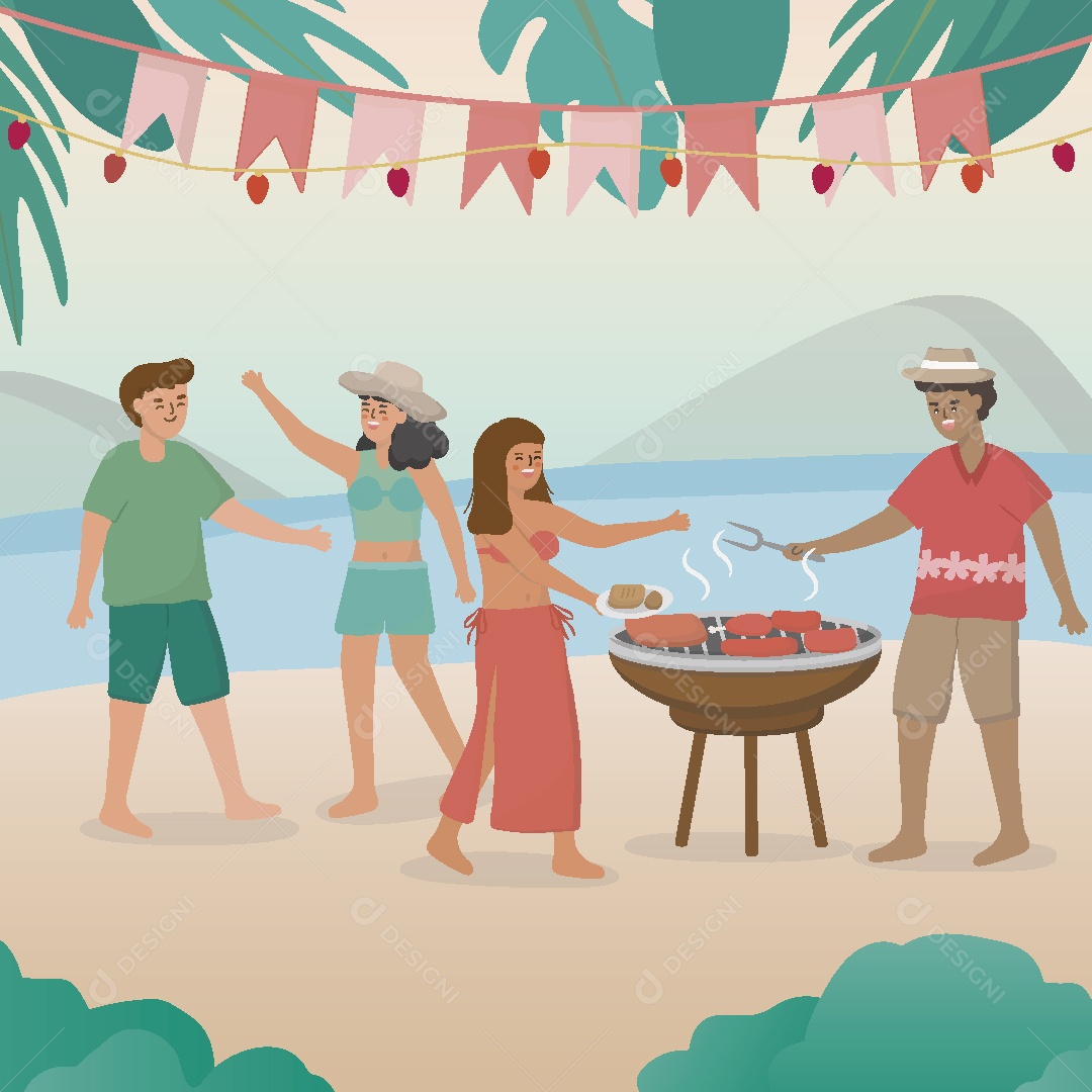 Casais Fazem Churrasco na Praia Ilustração Vetor EPS
