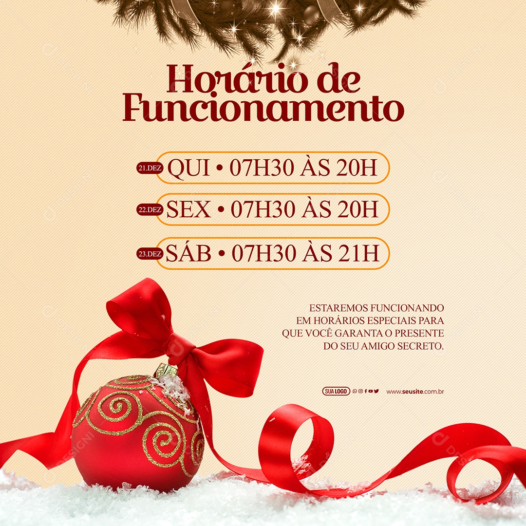 Comunicado Estaremos Funcionando em Horários Especiais para que Você Garanta o Presente Social Media PSD Editável