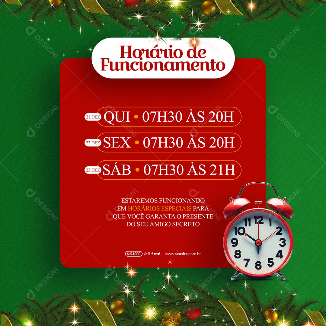 Horário de Funcionamento Quinta a Sexta 07H30 as 20H e Sábado 07H30 as 21H Social Media PSD Editável