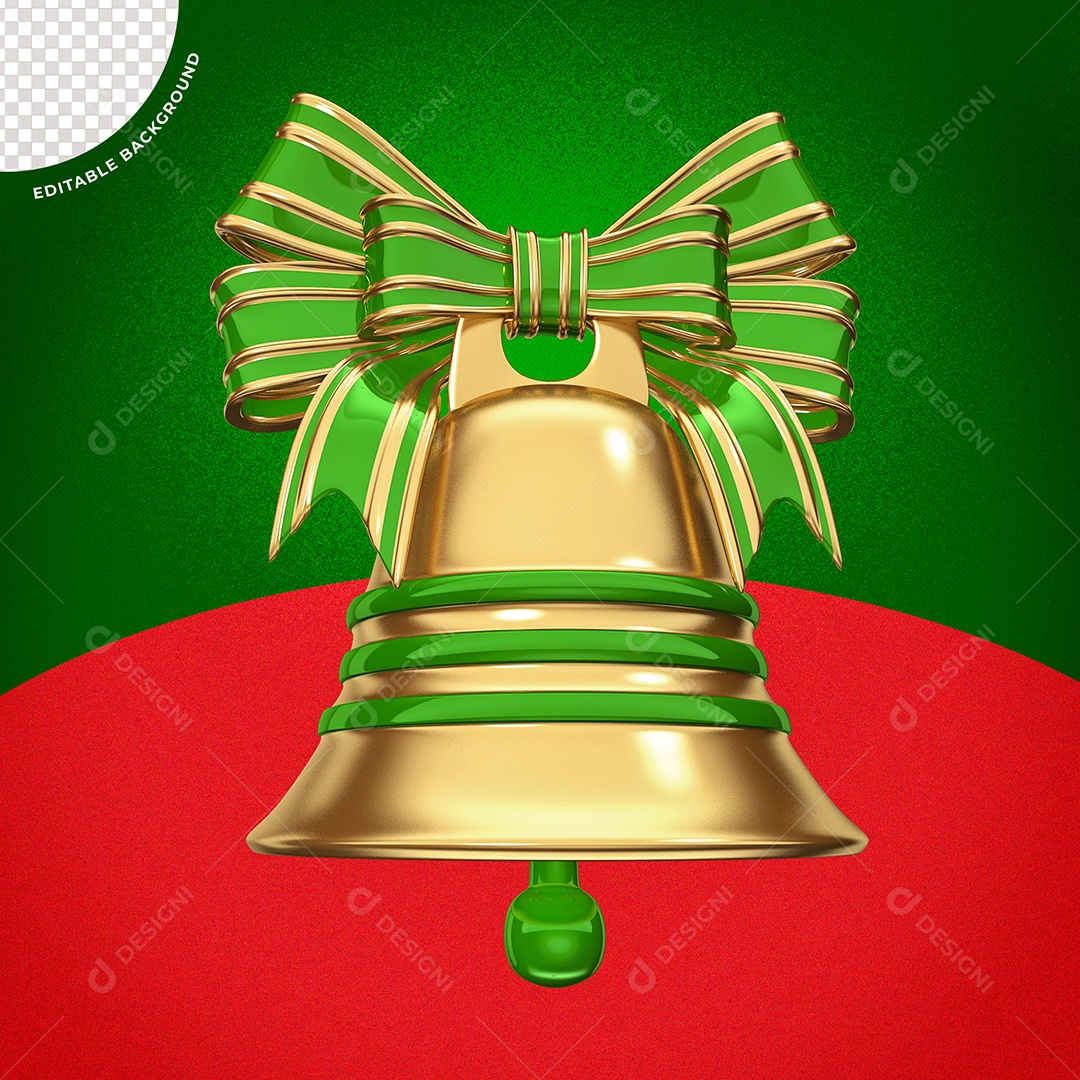 3D Golden and Green Christmas Bell Element for PSD Composition