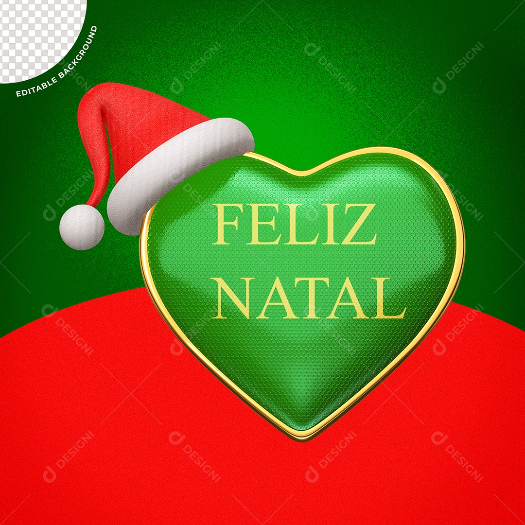 Coração com Chapéu de Natal e Texto Feliz Natal Elemento 3D Verde para Composição PSD