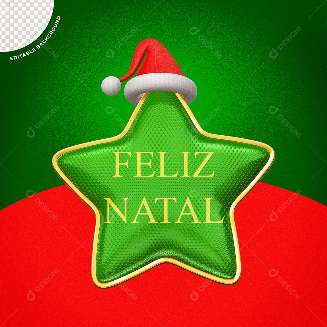 Estrela com Chapéu de Natal e Texto Feliz Natal Elemento 3D Verde para Composição PSD