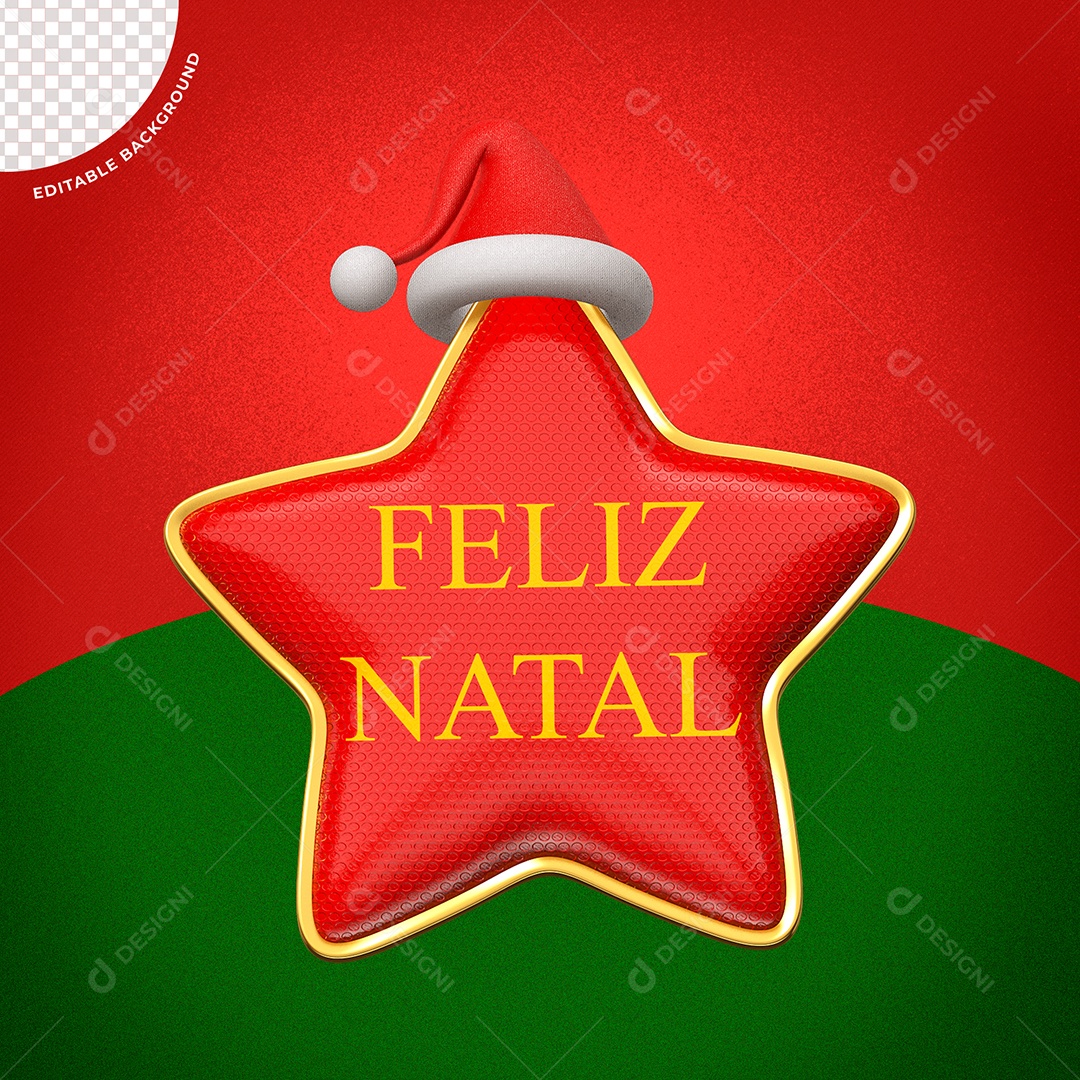 Estrela com Chapéu de Natal e Texto Feliz Natal Elemento 3D Vermelho para Composição PSD