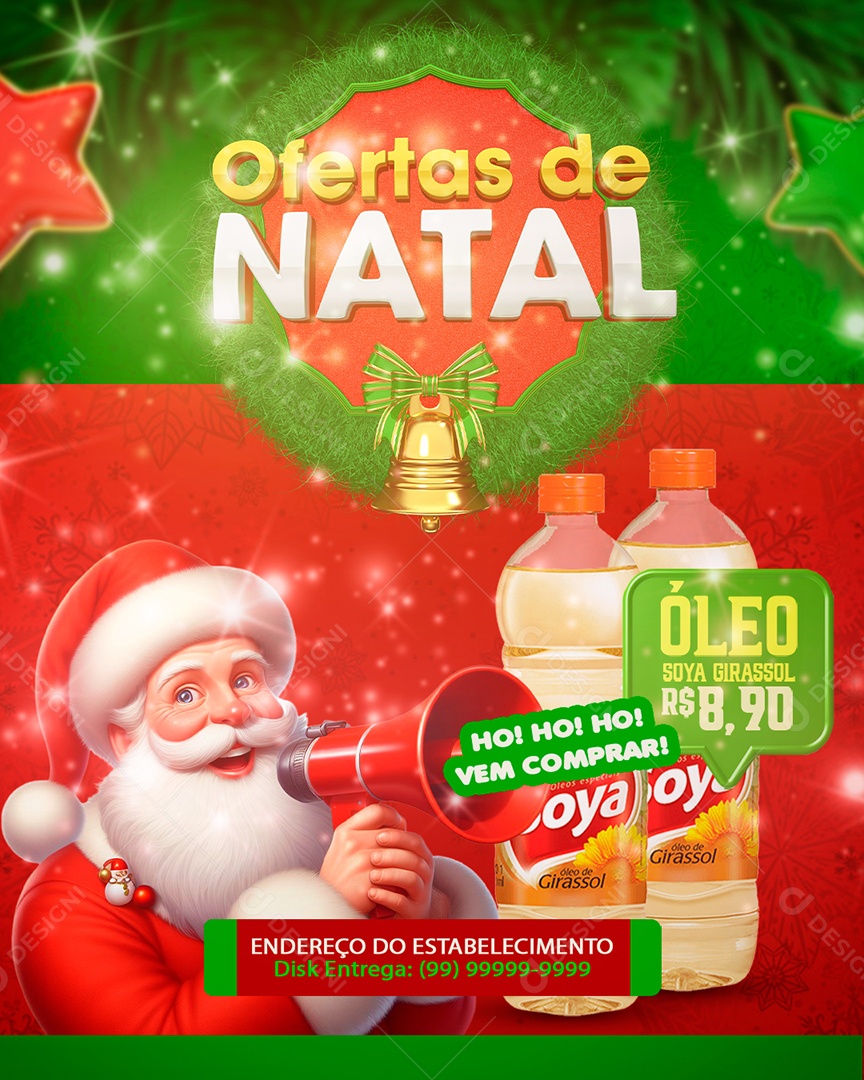 Ofertas de Natal Supermercado Óleo Soya Girassol Ho Ho Ho Vem Comprar Social Media PSD Editável