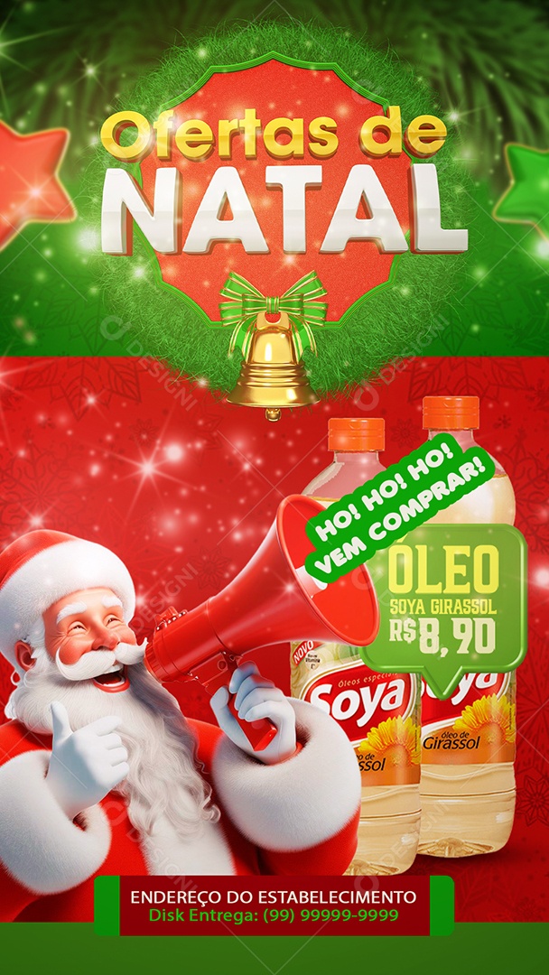 Story Ofertas de Natal Supermercado Óleo Soya Girassol Ho Ho Ho Vem Comprar Social Media PSD Editável
