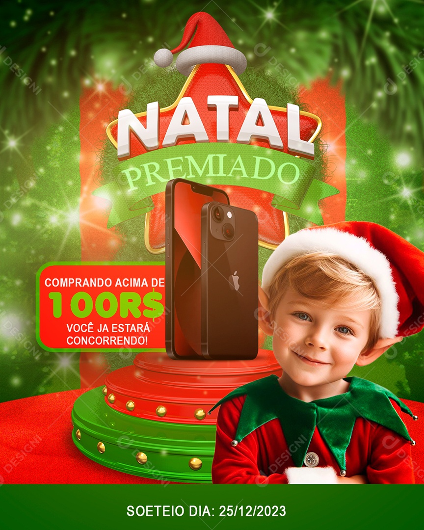 Natal Premiado Loja de Celular Comprando Você Estará Concorrendo um Iphone Social Media PSD Editável
